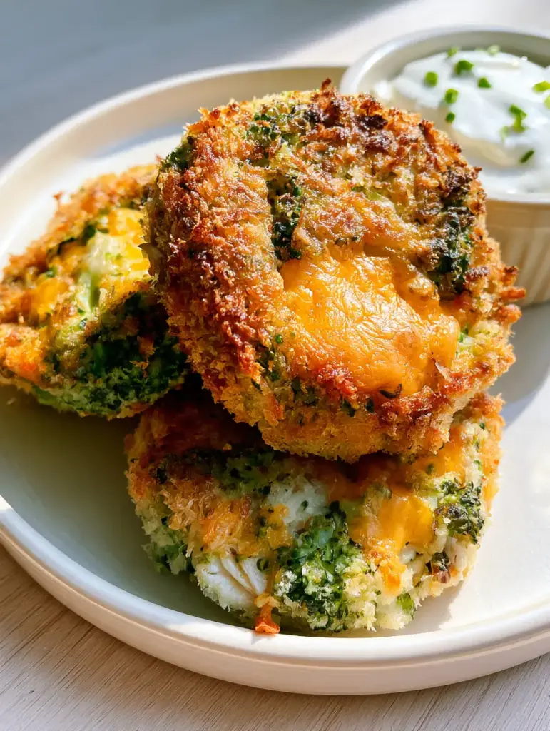 Close up of a chicken fritter dipped in creamy Greek yogurt dip with chives.