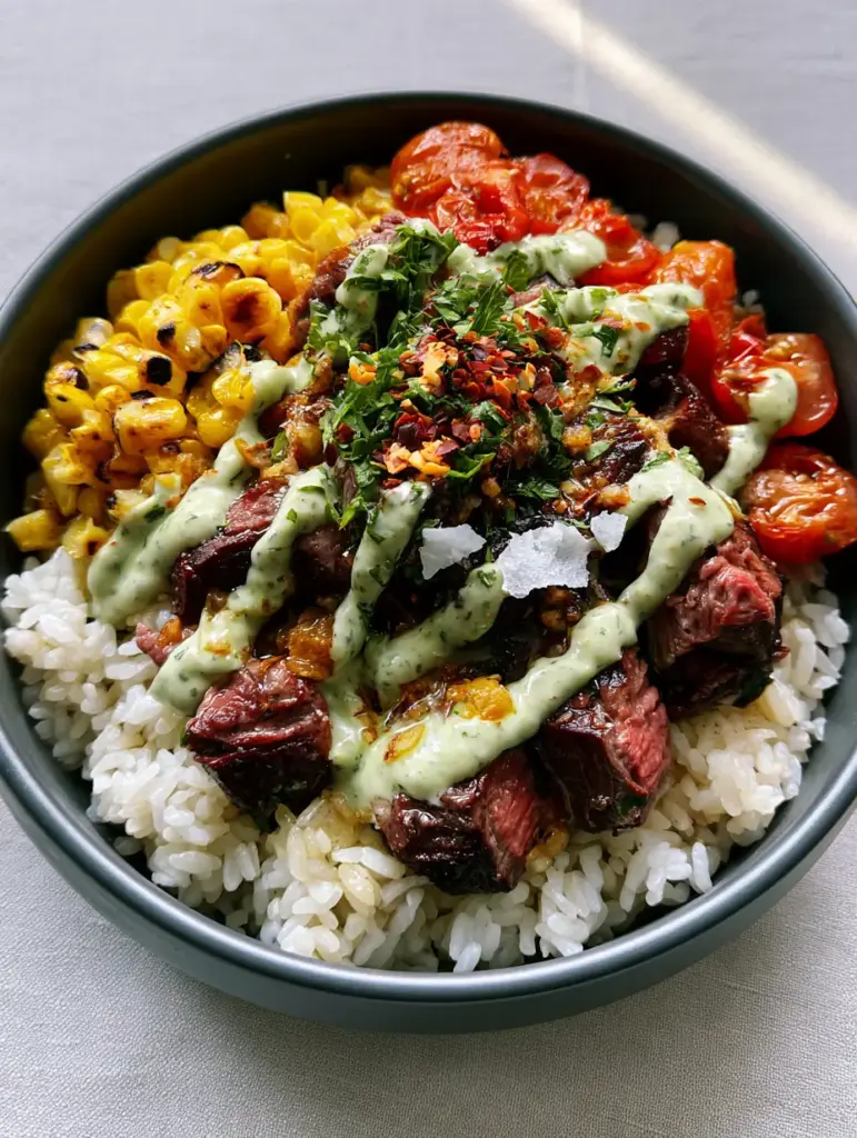 Top-down view of a Grilled steak bowl showing succulent medium-rare steak bites with a dark mahogany crust and glistening garlic butter.