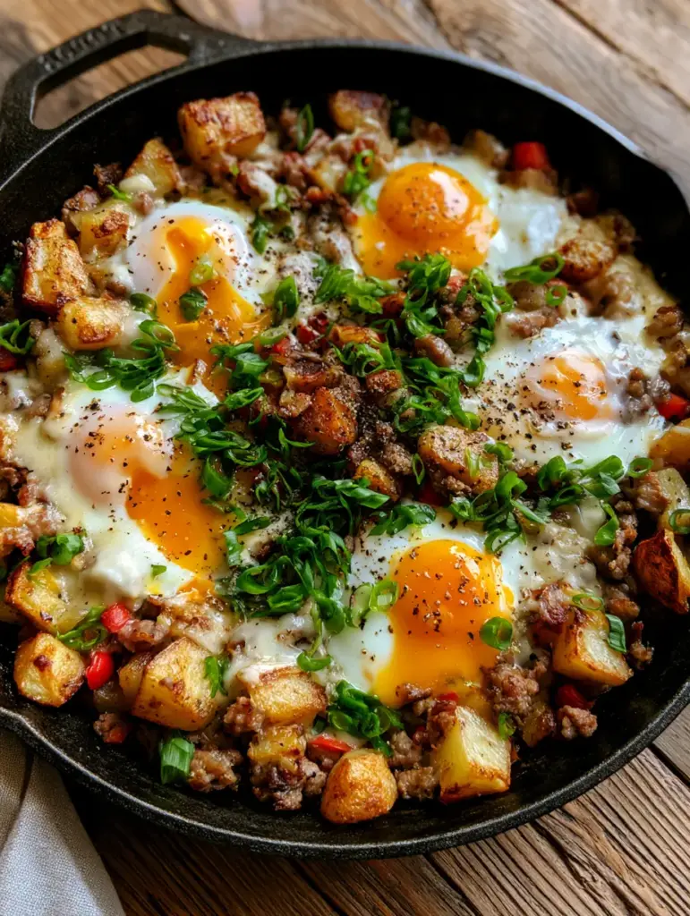 breakfast skillet recipe: The Ultimate Crispy Potato and Sausage Skillet 1 Overhead shot of five sunny side up eggs nestled in a breakfast skillet with melted cheese and scallions.