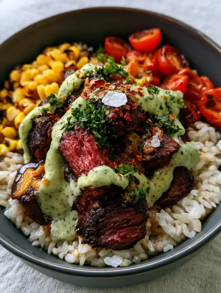 A handheld smartphone photo of a Grilled steak bowl featuring charred sweet corn, blistered cherry tomatoes, and pale green chimichurri aioli.