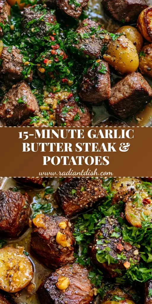 Garlic Butter Steak Bowl with Crispy Gold Potatoes 4 A top-down shot of a Garlic Butter Steak Bowl with seared steak cubes, crispy golden potatoes, and fresh parsley in a cast iron skillet.