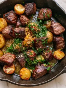 Macro shot of seared sirloin steak cubes and halved gold potatoes in a glossy garlic butter sauce. (Garlic Butter Steak Bowl)