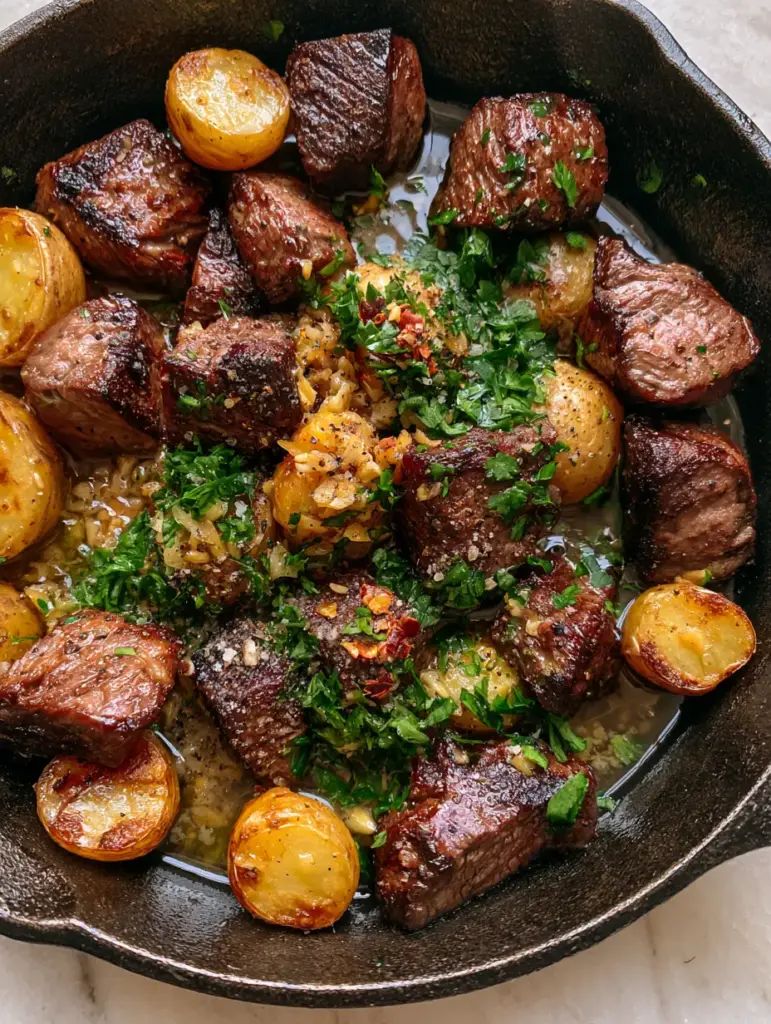 Macro shot of seared sirloin steak cubes and halved gold potatoes in a glossy garlic butter sauce. (Garlic Butter Steak Bowl)