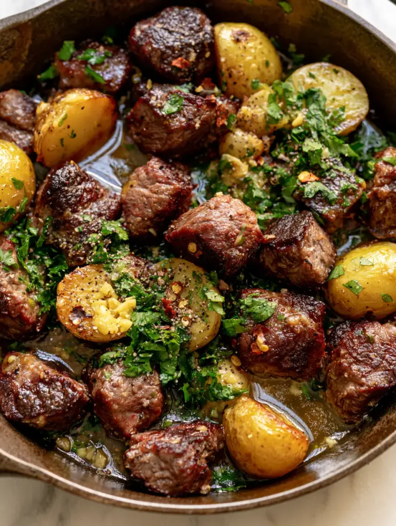 Garlic Butter Steak Bowl with Crispy Gold Potatoes 1 Close-up of crispy gold potatoes and tender steak bites with toasted garlic and red pepper flakes. (Garlic Butter Steak Bowl)